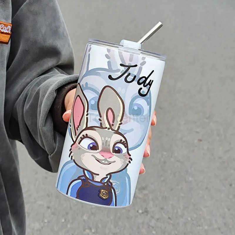Disney 600Ml Zootopia Nick Wilde Judy Hopps Straw Cup 304 Stainless Steel Student Portable Anti-Fall Coffee Cup Cute Water Cup H251203