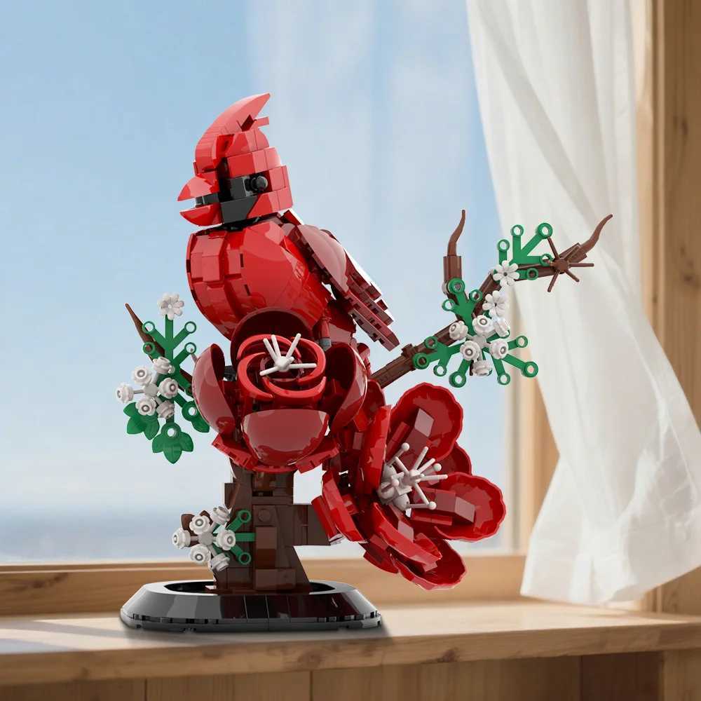MOC Northern Cardinal 3D Bird Model Building Blocks Red Sparrow with Flower Stand He Pet Brick Toy Adt Gift C251203