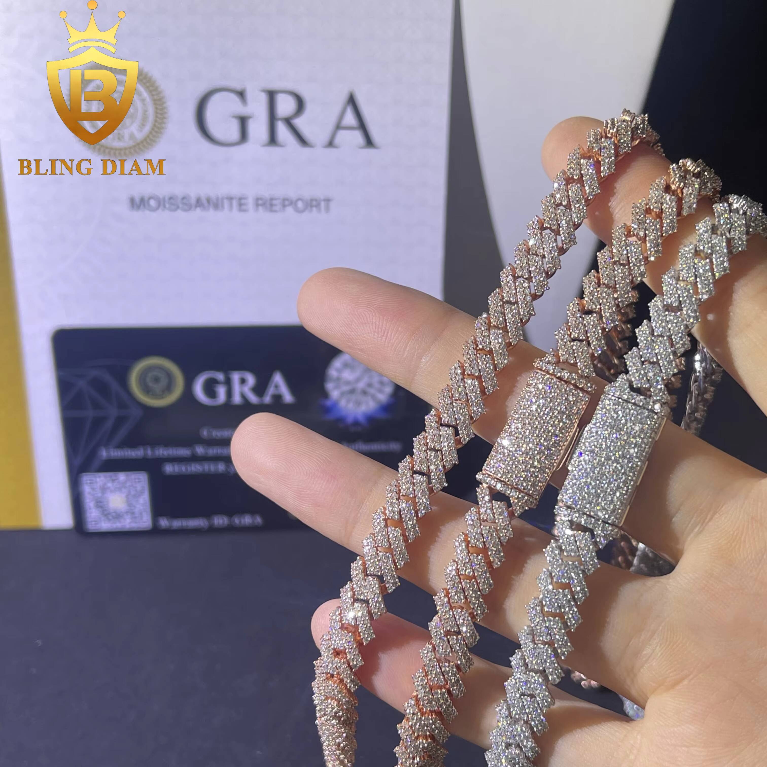 8mm Hip Hop Jewelry 2 Rows Moissanite Iced Out Miami Rose Gold Cuban Link Chain 925 Sterling Silver Necklace for Men