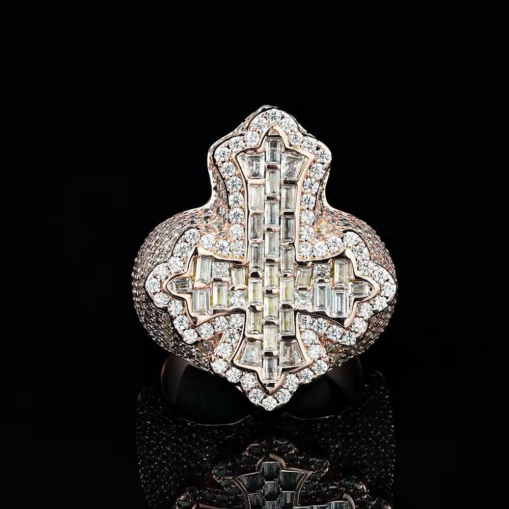 Wholesale Hip Hop Style Men Jesus 925 Sterling Silver Ice Out Baguette Cross Moissanite Ring