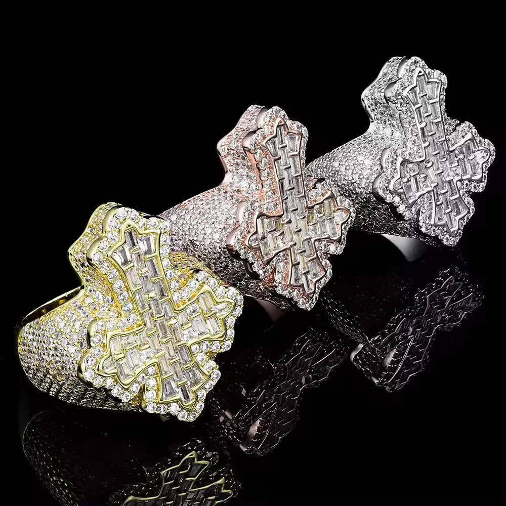 Wholesale Hip Hop Style Men Jesus 925 Sterling Silver Ice Out Baguette Cross Moissanite Ring