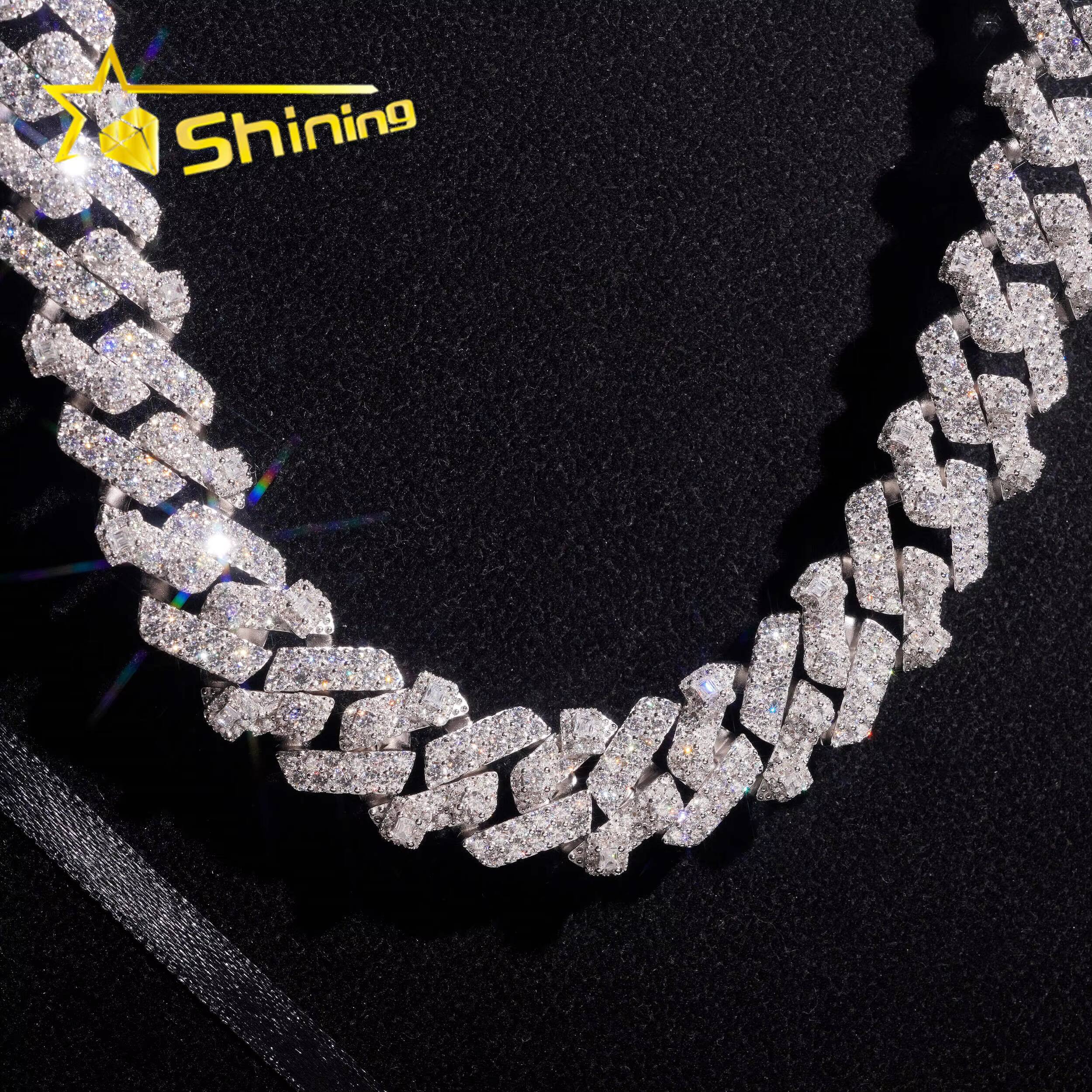 Pass Diamond Tester Men Necklace 925 Sterling Silver Hip Hop Iced Out Emerald Cut Moissanite 18mm 2 Rows Cuban Link Chain