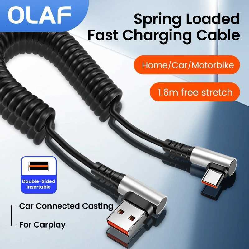 6A USB Type C Data Cable 90 Car USB Spring PD Fast Charging Cable for iPhone 15 Sumsung Honor C251203