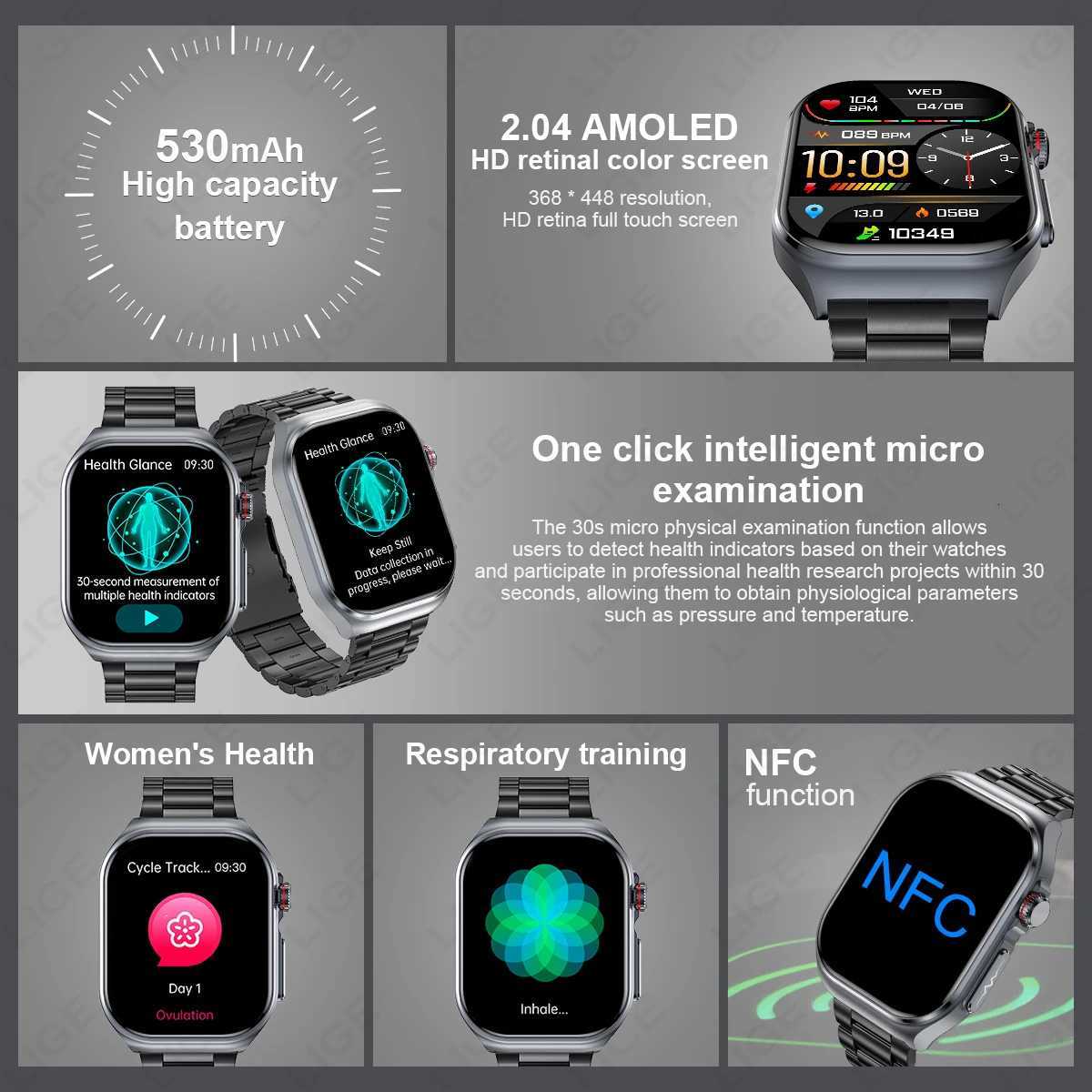 LIGE AMOLED Smart Watch ET585 Men ECG Blood Cpositoin Health Monitoring Call Wen Sports Fitness Tracker Smartwatch C251203