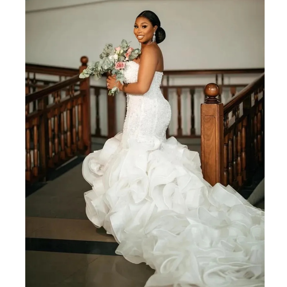 Luxury Strapless Mermaid Wedding Dress Long Puff Ruffles Bridal Gowns Beadings Backless Sleeveless Floral Brides Dress Vestidos De Novia Plus Size