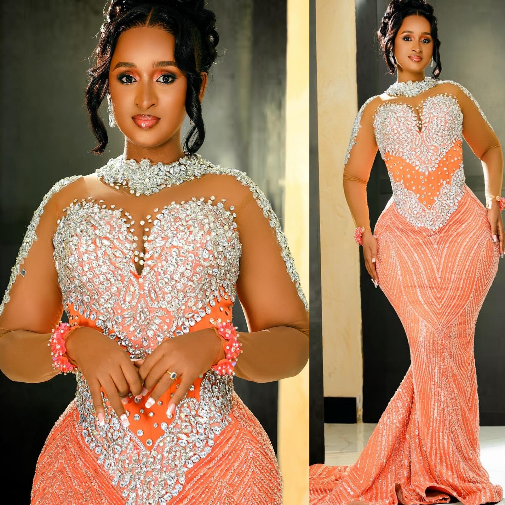 Aso Ebi Coral Mermaid Prom Dresses 2026 Beaded Crystals Full Sleeves Evening Formal Party Second Birthday Engagement Gowns Plus Size Dress For Special