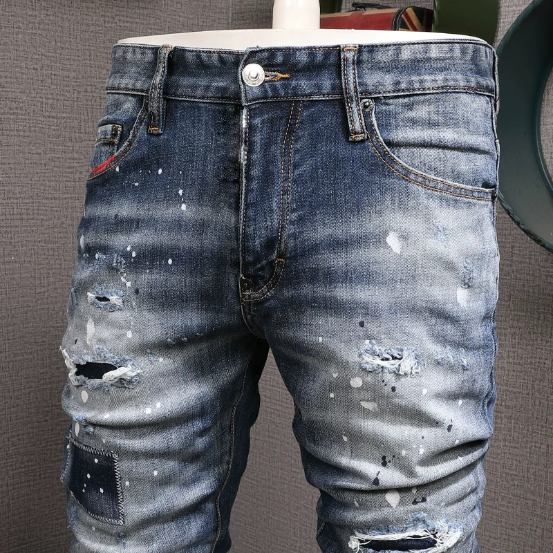 Homme Denim Jeans Distressed Painted Fading Slim Fit