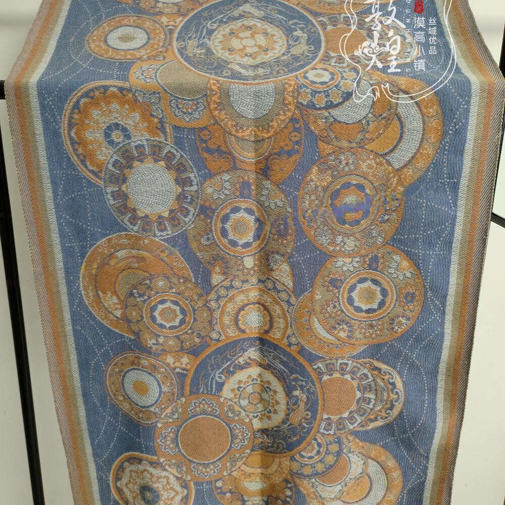 DHcollections Dunhuang Cave Art Chenille Shawl Nine Color Deer Lotus Flying Apsaras Reversible Scarf Wrap 70x180cm