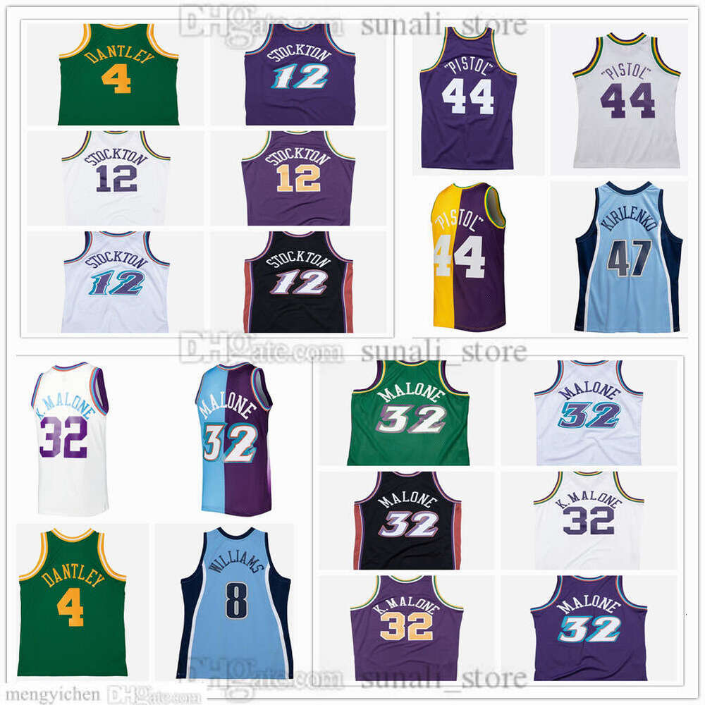 Retro Men's XS-6XL Basketball Jerseys John 12 Stockton Karl 32 Malone Pete 44 Maravich 44 PISTOL Andrei 47 Kirilenko Adrian 4 Dantley Deron 8 Williams Vintage