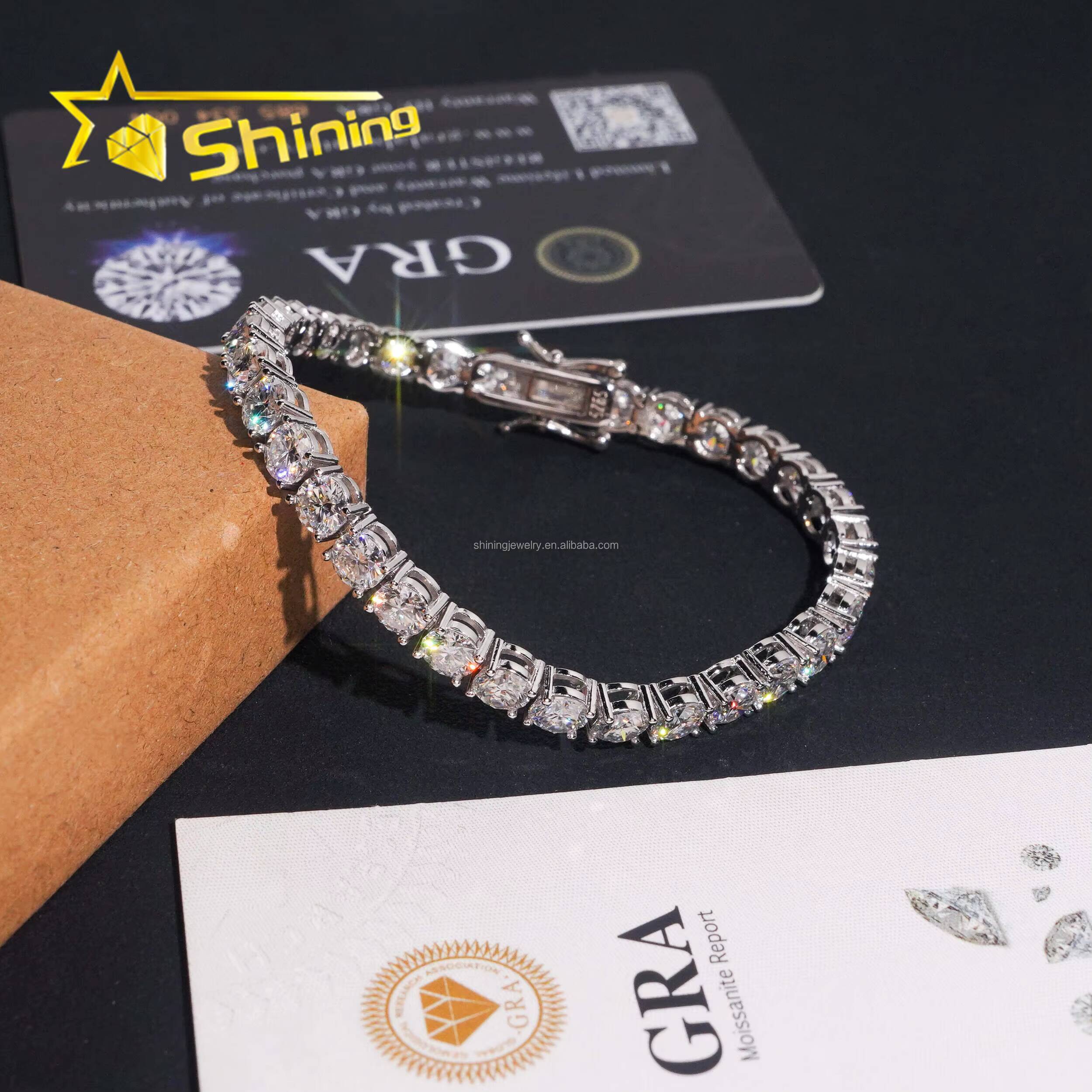 In Stock Ship in USA Warehouse Hip Hop Fire Jewelry FL 5mm Moissanite Prong Setting S925 Solid Silver Iced Out Tennis Bracelet