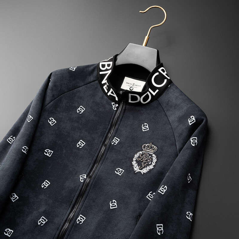 Light Luxury Clothing 2025 Autumn Winter New Letter Burnt Flower Jacket Men's Personalized Embroidery Stand Collar Sweatshirt Men