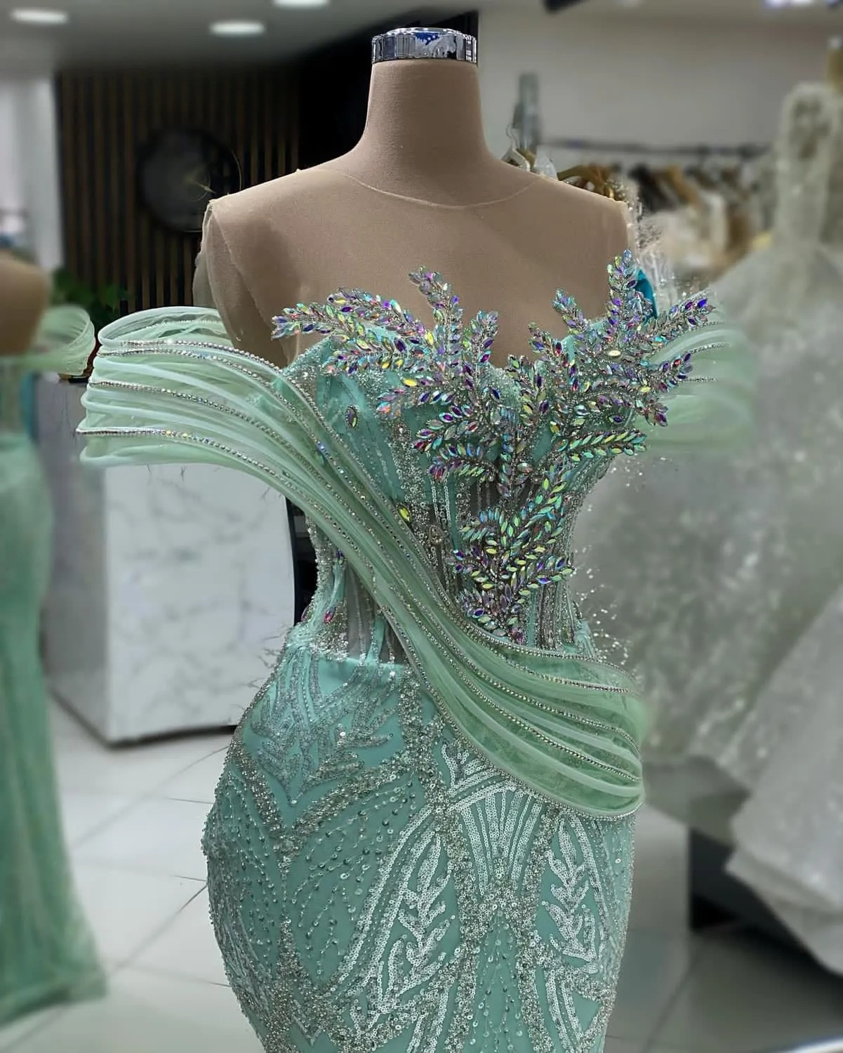 Aso Ebi Mint Mermaid Prom Dress Beaded Crystals Sequined Lace Evening Formal Party Second Reception Birthday Engagement Gowns Dresses Robe De Soiree D