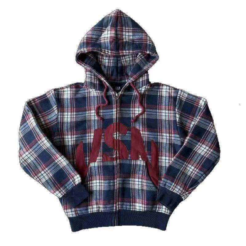 Fashion Europe And America Casual Loose Design Plaid Element Sweatshirts Winter Letter Pattern Zip Up Jackets Harajuku Hoodies