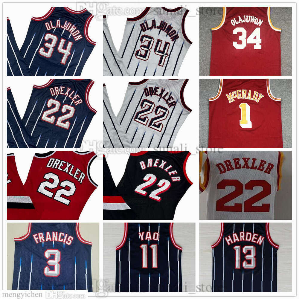 Retro Mesh Basketball Jerseys Clyde Drexler 22 Hakeem Olajuwon 34 Tracy McGrady 1 Yao Ming 11 Steve Francis 3 Team Navy Stripe Red White Men's Stitched Embroidery