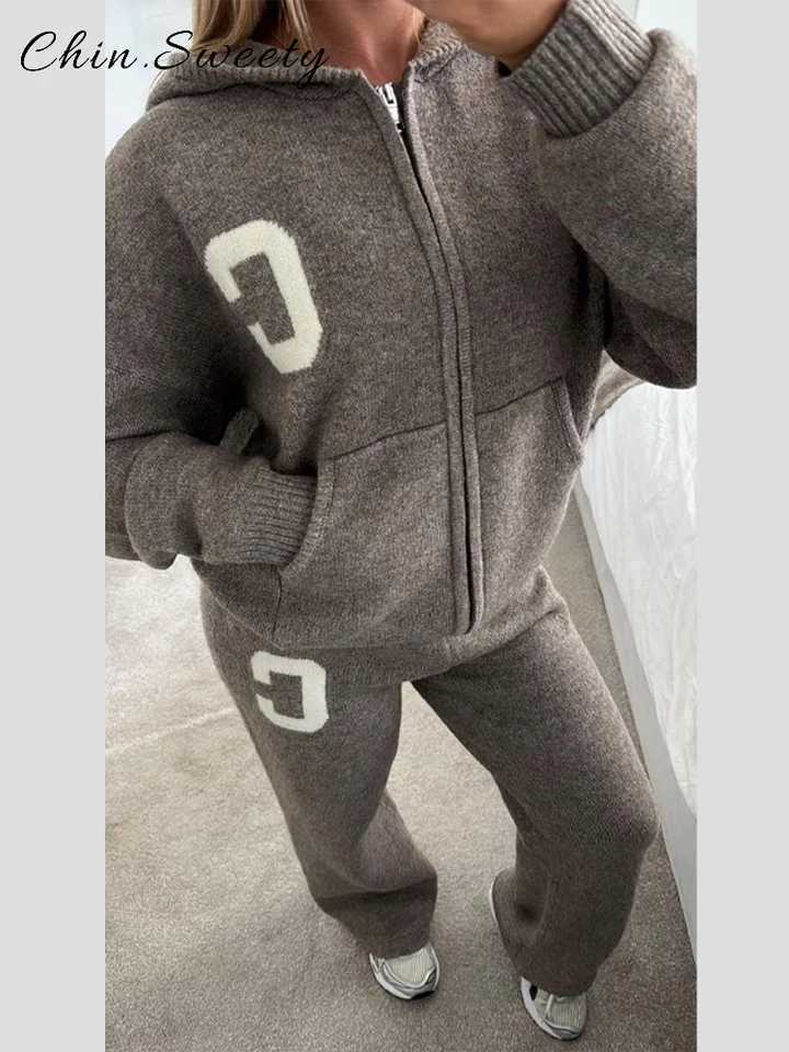 Casual Womens Knitted Hooded Tracksuit Sets Loose Full Sve Zipper Pockets Jacket Straight Pants 2025 Autumn Winter Lady Suit L251128