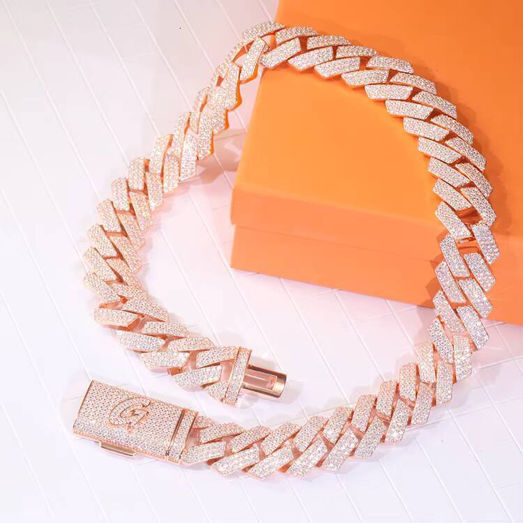 Hot Sale Customizable Miami Style Cuban Chain 255mm Wide 3 Rows VVS Moissanite Pink Color Hip-hop Silver 3 Rows VVS Moissanite