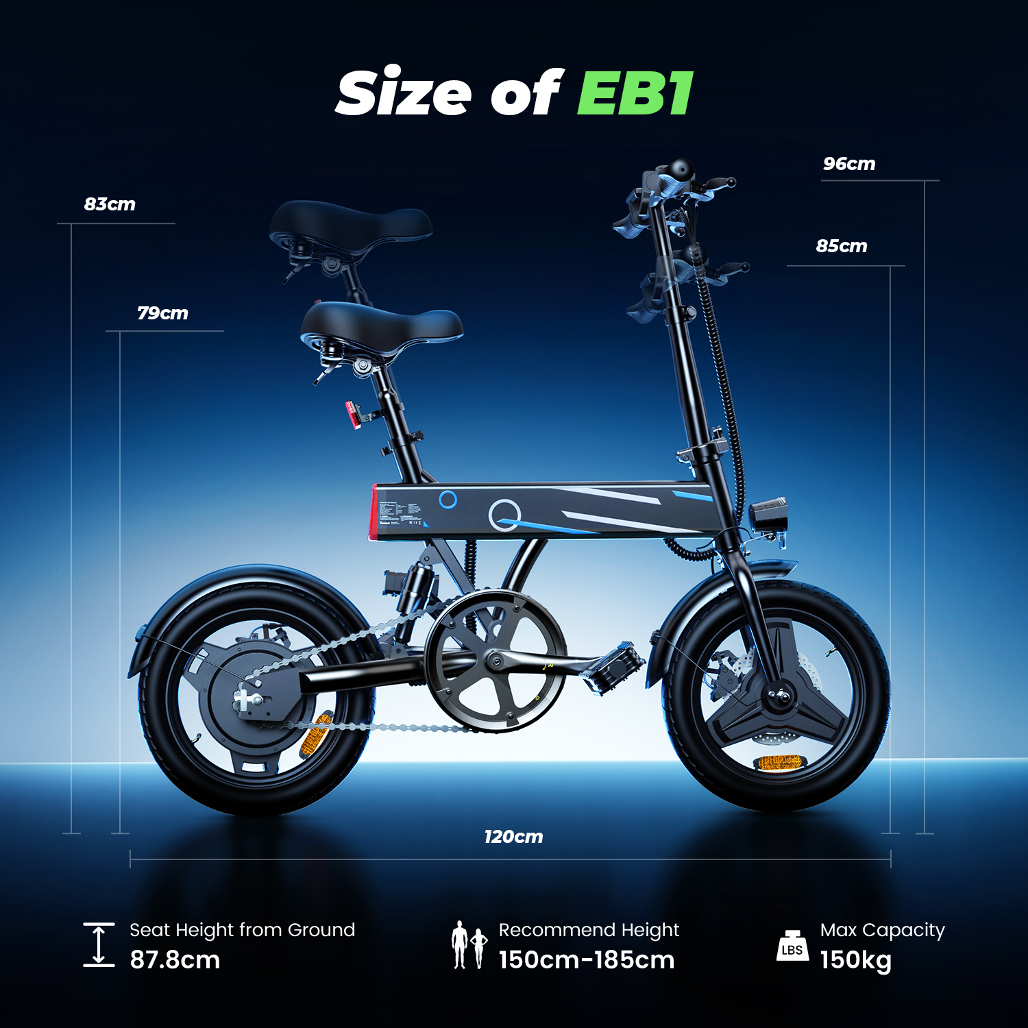 iScooter EB1 Folding Electric Bike 36V 7.8Ah 40KM Range Cruise Control LCD Display Front Rear Light Quick Fold Design for Adults