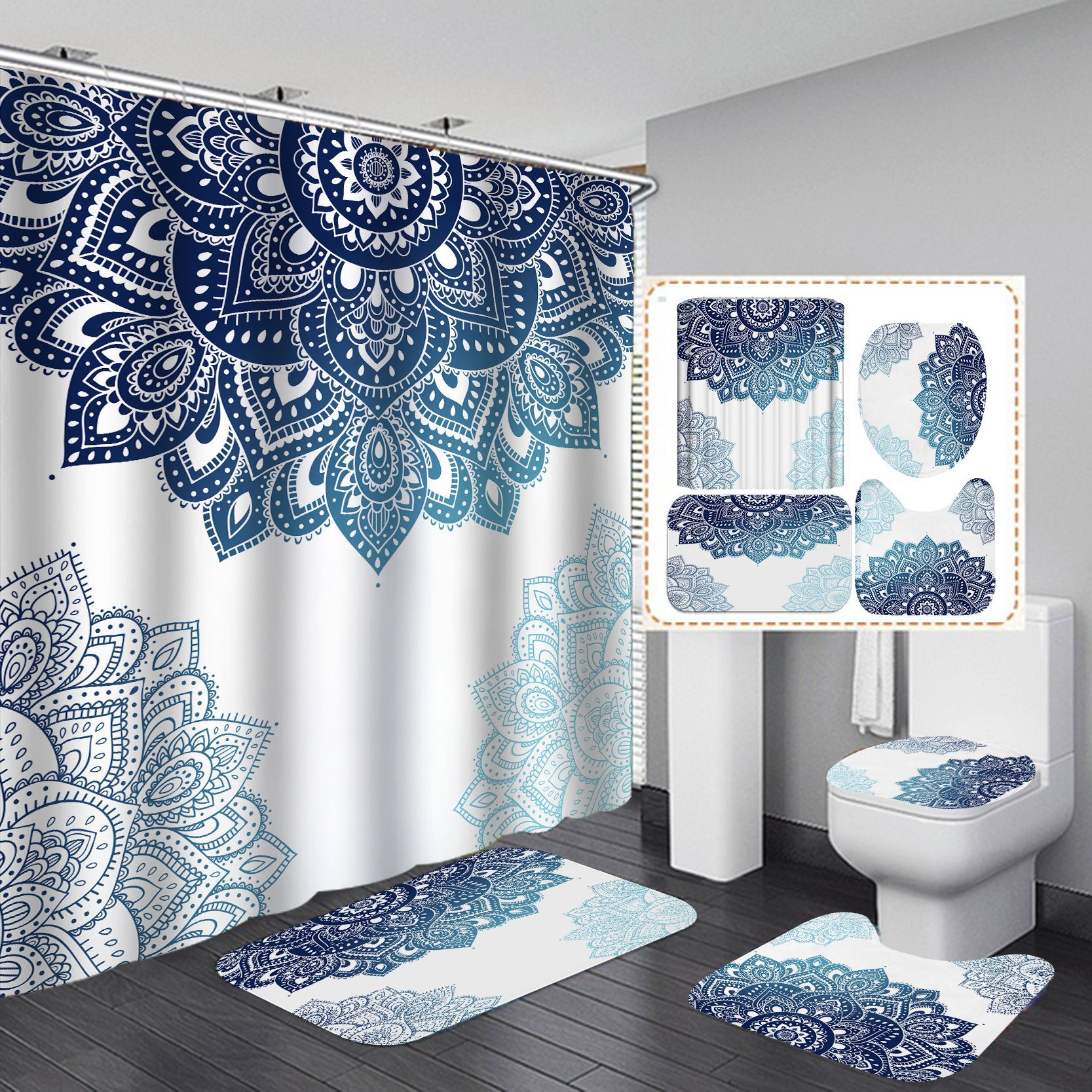 YL-37875 High-definition digitally printed polyester bathroom shower curtain four-piece set