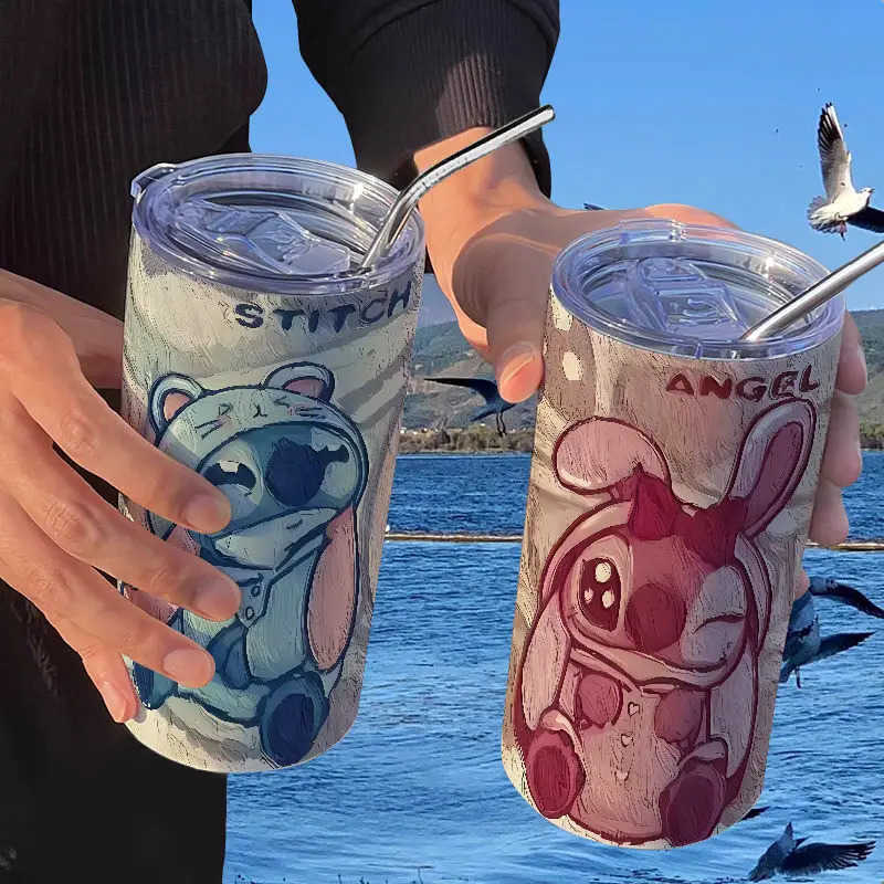 Disney 420Ml Kawaii Cartoon New Style Stitch Thermos Cup with Straw 304 Stainless Steel Portable Coffee Cup Student Water Cup H251203