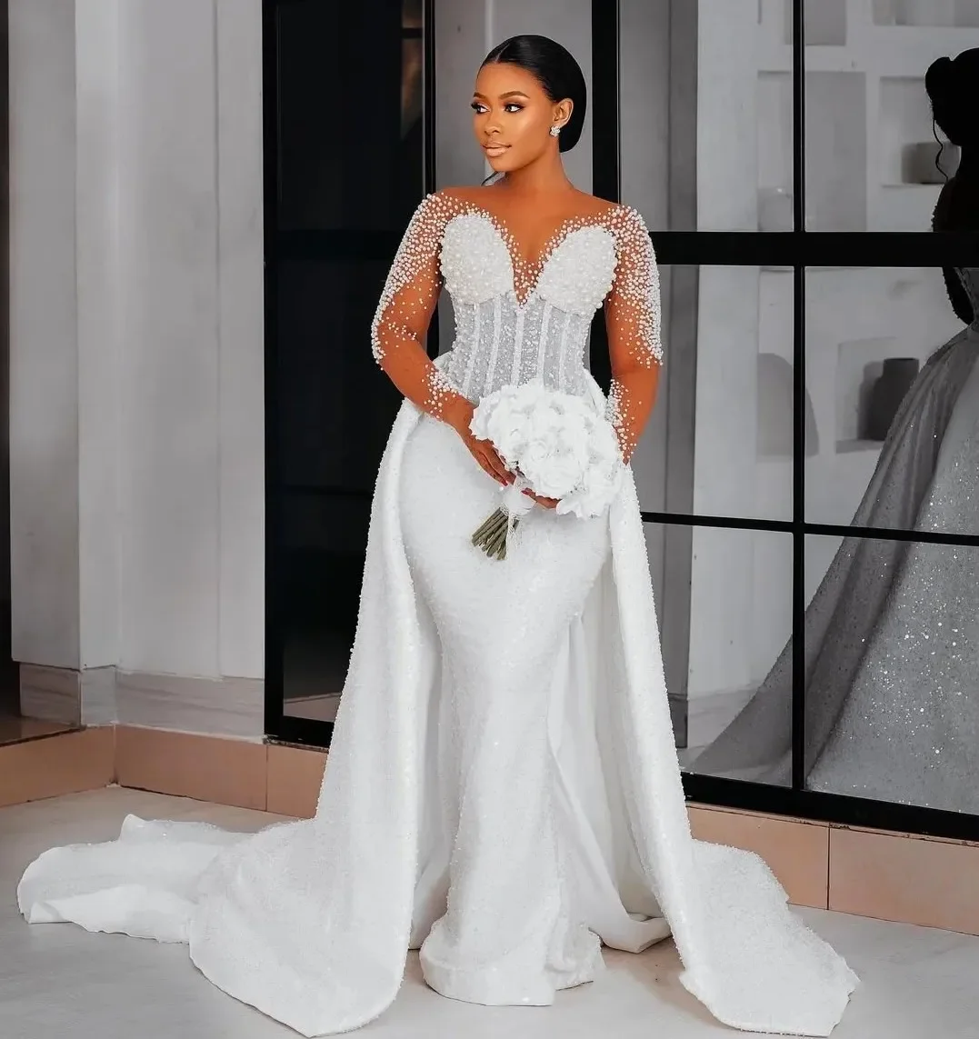 Shiny Pearls Mermaid Bridal Gowns Off Shoulder Long Sleeve Wedding Dresses Sequins Vestidos De Novia Customized