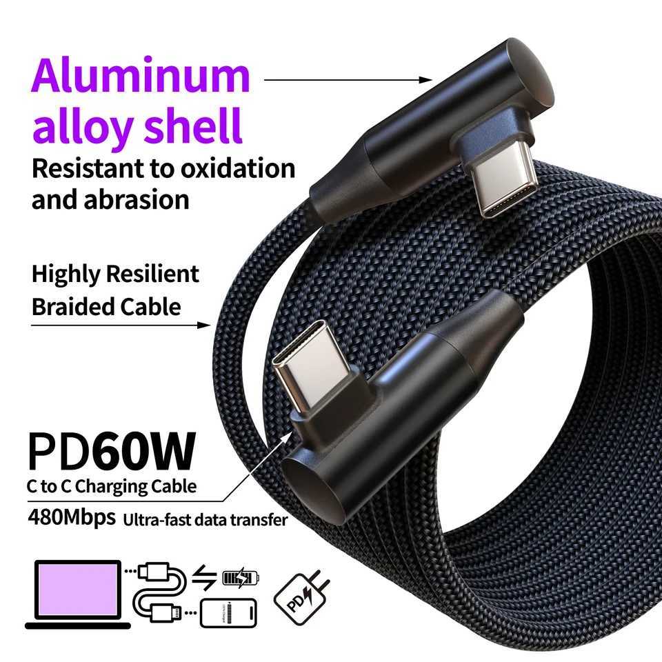 USB-C to Type-C 60W 3A Fast Charging Cable 90 Angled Design Nylon Braided For Type-C phones/tablets/phones 25cm/50cm/1m C251203