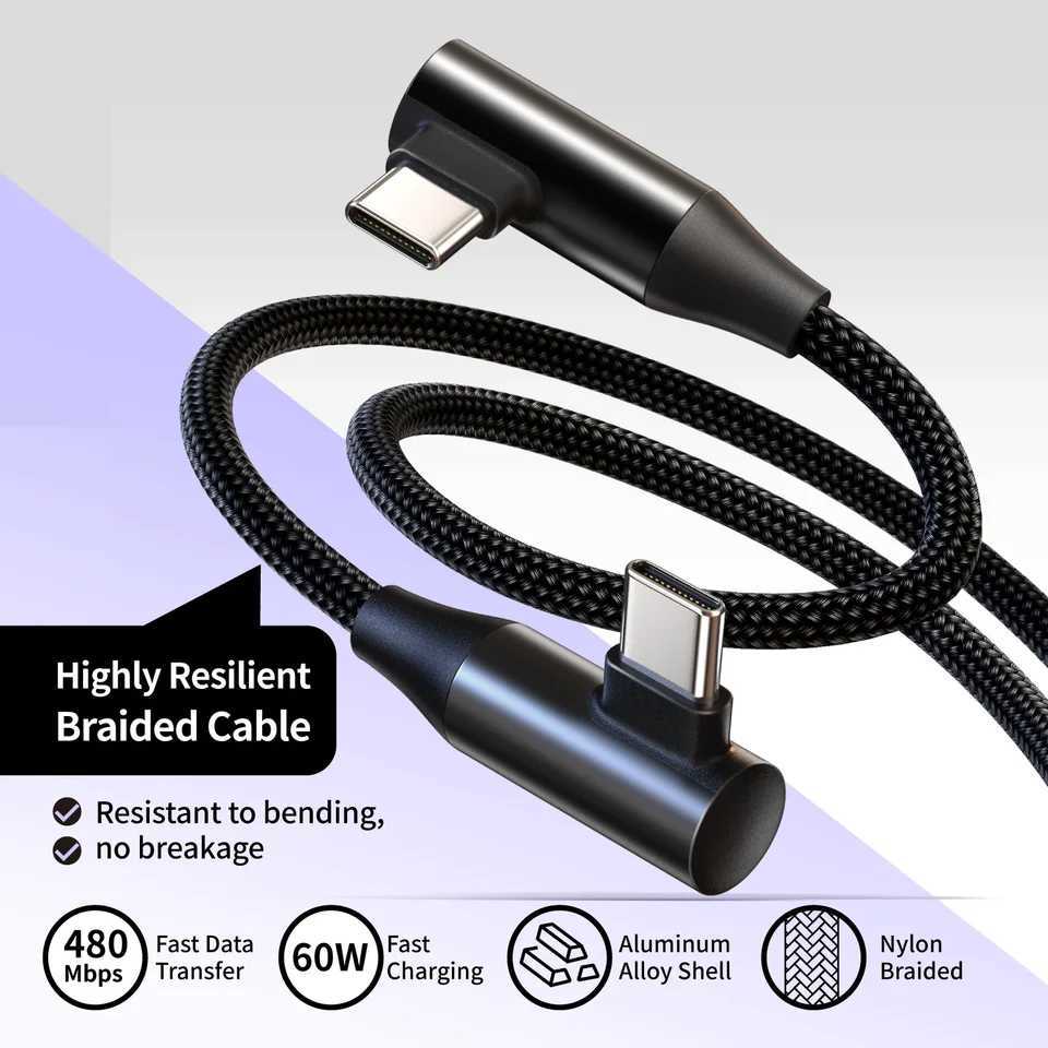 USB-C to Type-C 60W 3A Fast Charging Cable 90 Angled Design Nylon Braided For Type-C phones/tablets/phones 25cm/50cm/1m C251203