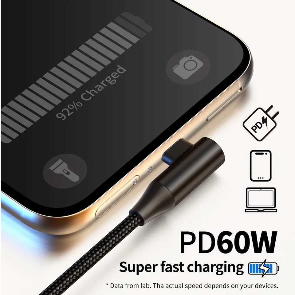 USB-C to Type-C 60W 3A Fast Charging Cable 90 Angled Design Nylon Braided For Type-C phones/tablets/phones 25cm/50cm/1m C251203