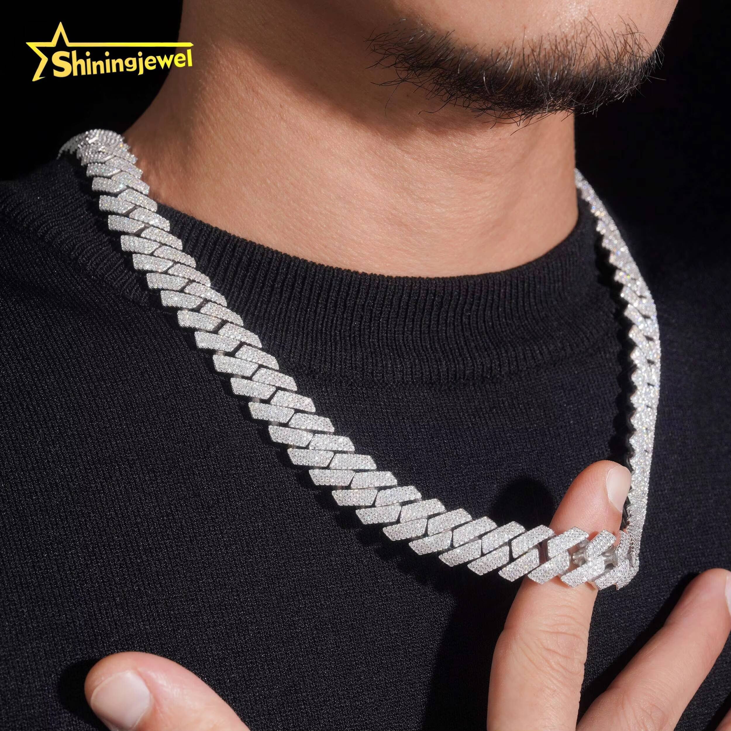 Fine Jewelry Iced Out 15mm Pass Diamond Tester 925 Sterling Silver Moissanite Hip Hop Cuban Link Chains