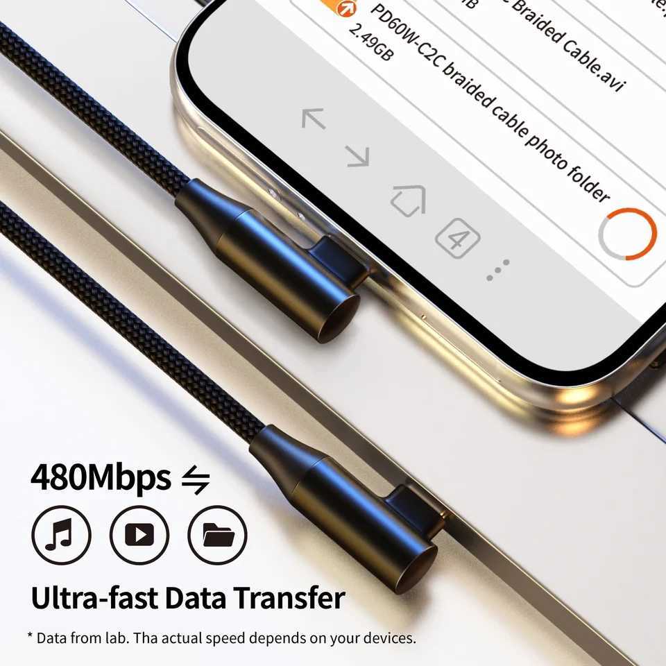 USB-C to Type-C 60W 3A Fast Charging Cable 90 Angled Design Nylon Braided For Type-C phones/tablets/phones 25cm/50cm/1m C251203