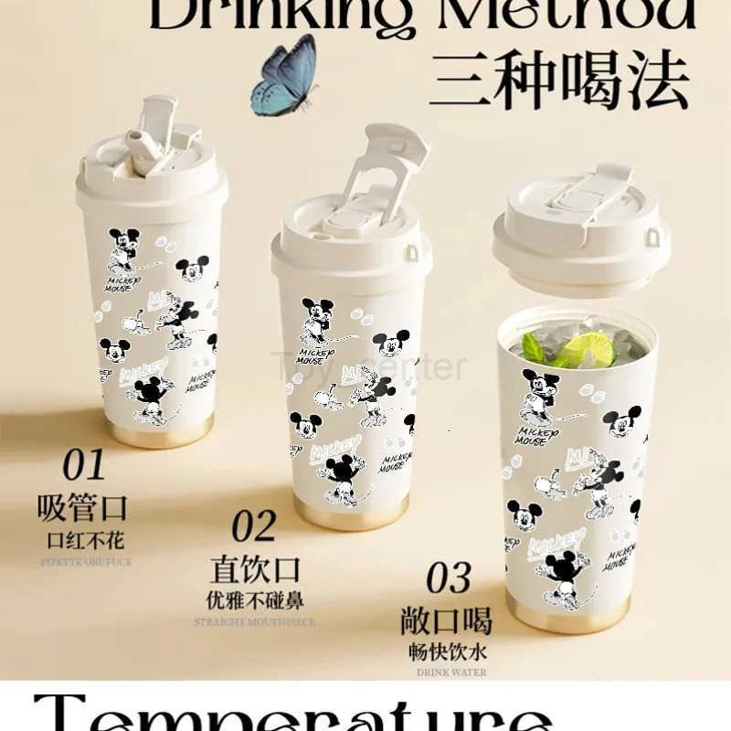 Disney New Mickey Mouse Anime Peripheral Creative Cartoon Cute Print Stainless Steel Portable Double Drink Spout Thermos Cup H251203