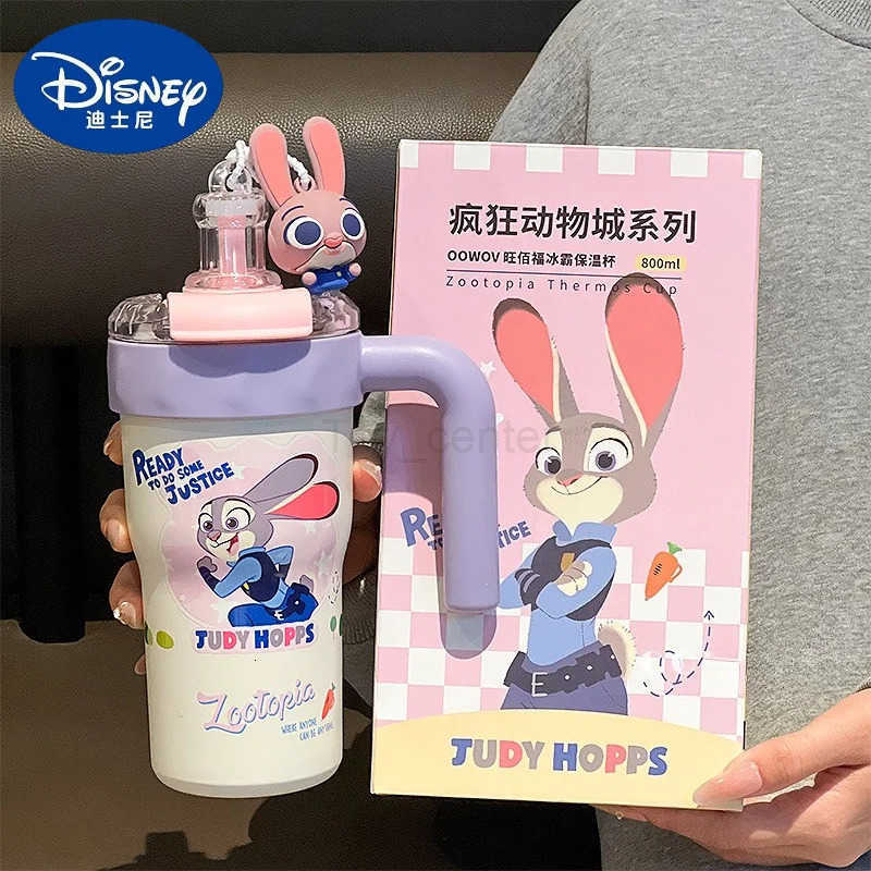Disney 800ml Water Cup Zootopia Judith Nick Cartoon Anime Printing Accessories Kawaii Office Straw Cup with Handle Holiday Gift H251203
