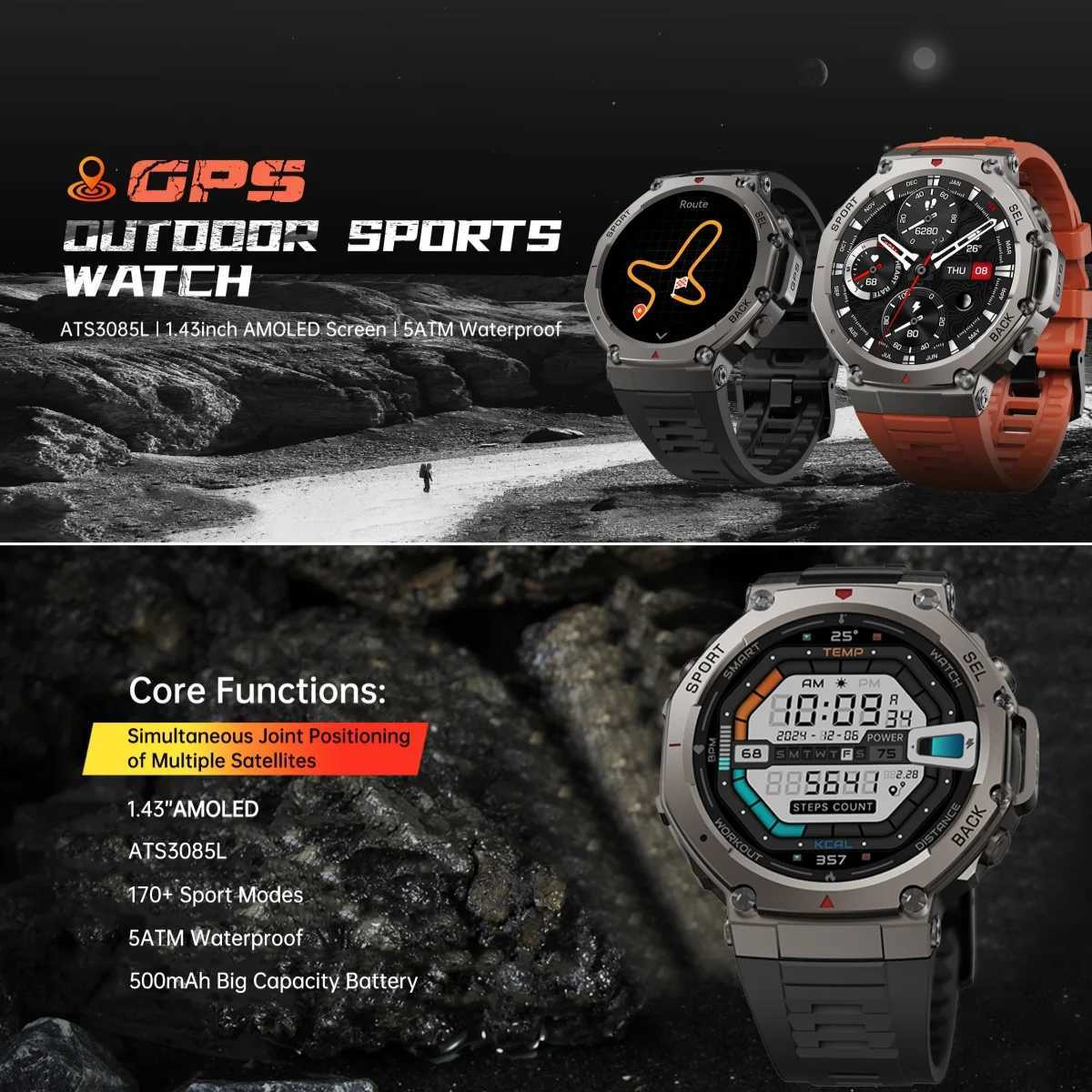 VWAR T-Rex 3 Dual-Band GPS Military Smart Watch 48mm 10ATM Water-Resistant Cpass Altimeter Smartwatch Men For C251203