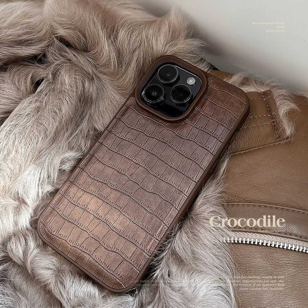 Stylish Vintage Brown Alligator Texture Cover Case for iphone 12 13 14 15 16 17 Pro Max Plus Earth Tone Faux Leather Phone Case Z251203