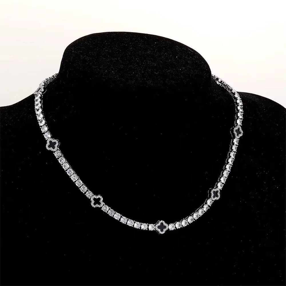 NUOYA 4mm Iced Out VVS Moissanite Tennis Chain 925 Silver Necklace Black Four Leaf Clover Hip Hop Jewelry Gift