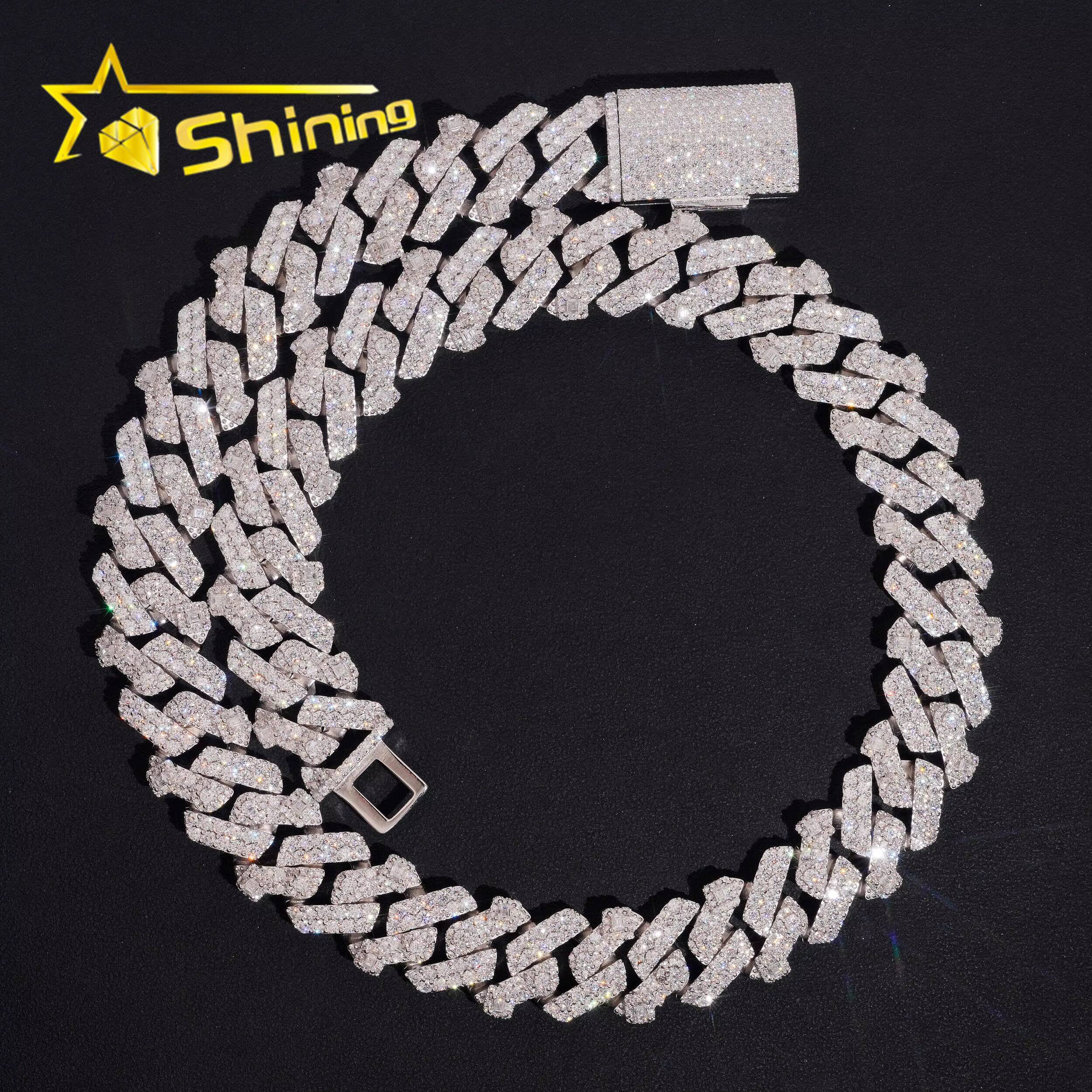 Pass Diamond Tester Men Necklace 925 Sterling Silver Hip Hop Iced Out Emerald Cut Moissanite 18mm 2 Rows Cuban Link Chain