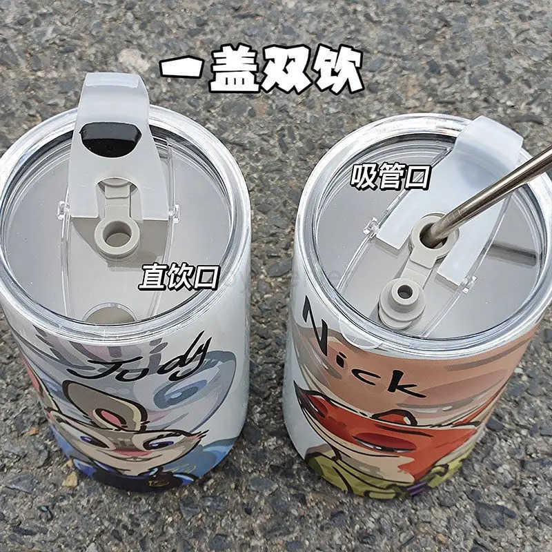 Disney 600Ml Zootopia Nick Wilde Judy Hopps Straw Cup 304 Stainless Steel Student Portable Anti-Fall Coffee Cup Cute Water Cup H251203
