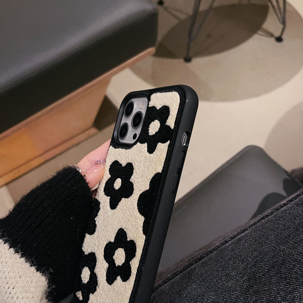 Plush Embroidered Black Flower Phone Case for iPhone 17 Pro Max, Apple 16/15/14, Autumn Winter Shockproof Cover