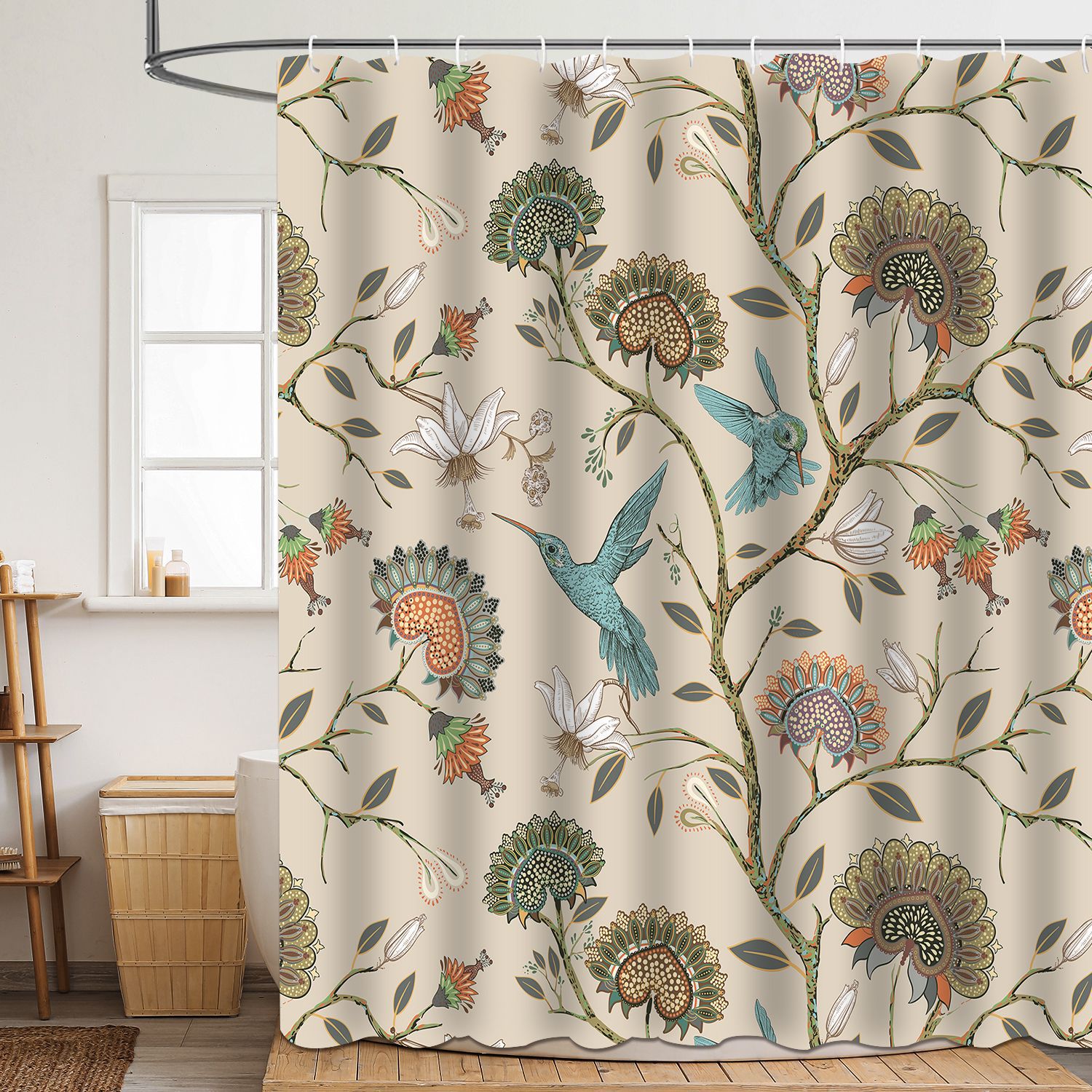 YL-37867 High-definition digital printed floral and bird shower curtain, waterproof, moisture-proof, no-drill bathroom partition curtain