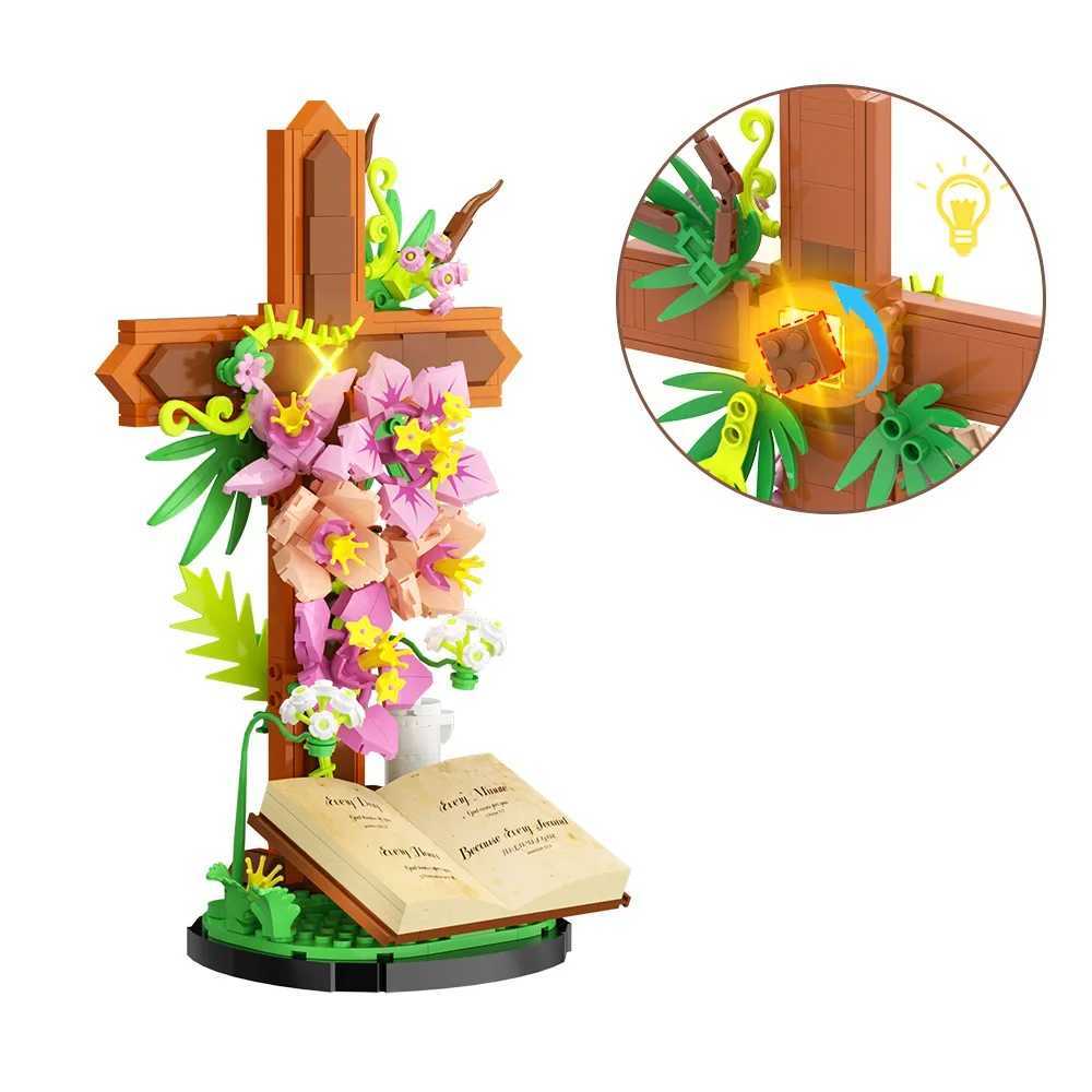MOC i Cross Flower Bouquet Bricks Model Sacred Bible Tip Flowers Plant Building Blocks Assembly Toys Kids DIY Gifts C251203