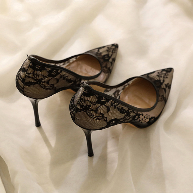 Free shipping Designer Dress Shoes High heeled shoes for women in 2025 new black lace slim heel pointed high heels