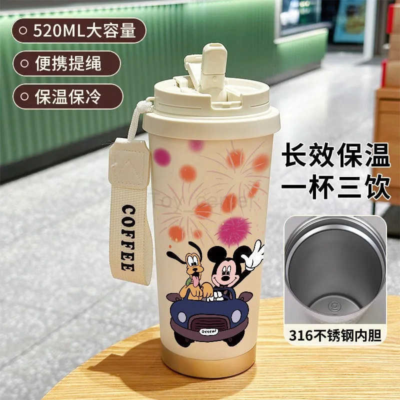 Disney cartoon cute Lotso Mickey Pooh campus fashion double drink coffee cup male and female thermos high-value car straw cup H251203
