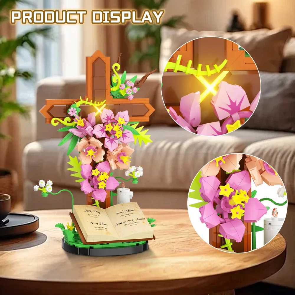 MOC i Cross Flower Bouquet Bricks Model Sacred Bible Tip Flowers Plant Building Blocks Assembly Toys Kids DIY Gifts C251203