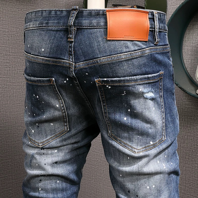 Homme Denim Jeans Distressed Painted Fading Slim Fit