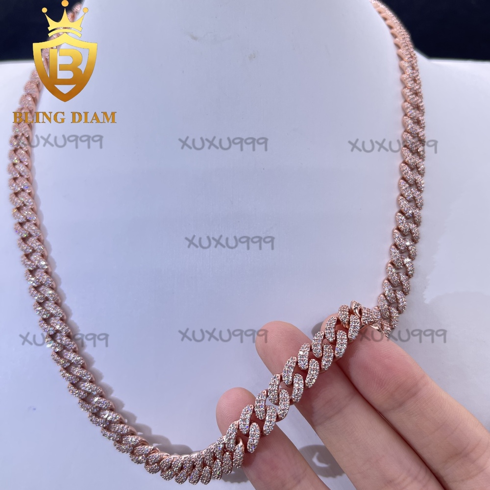 8mm Iced Out Hip Hop Miami Rose Gold Cuban Link Chain Baguette Moissanite 925 Sterling Silver Necklace Bracelet Set for Men