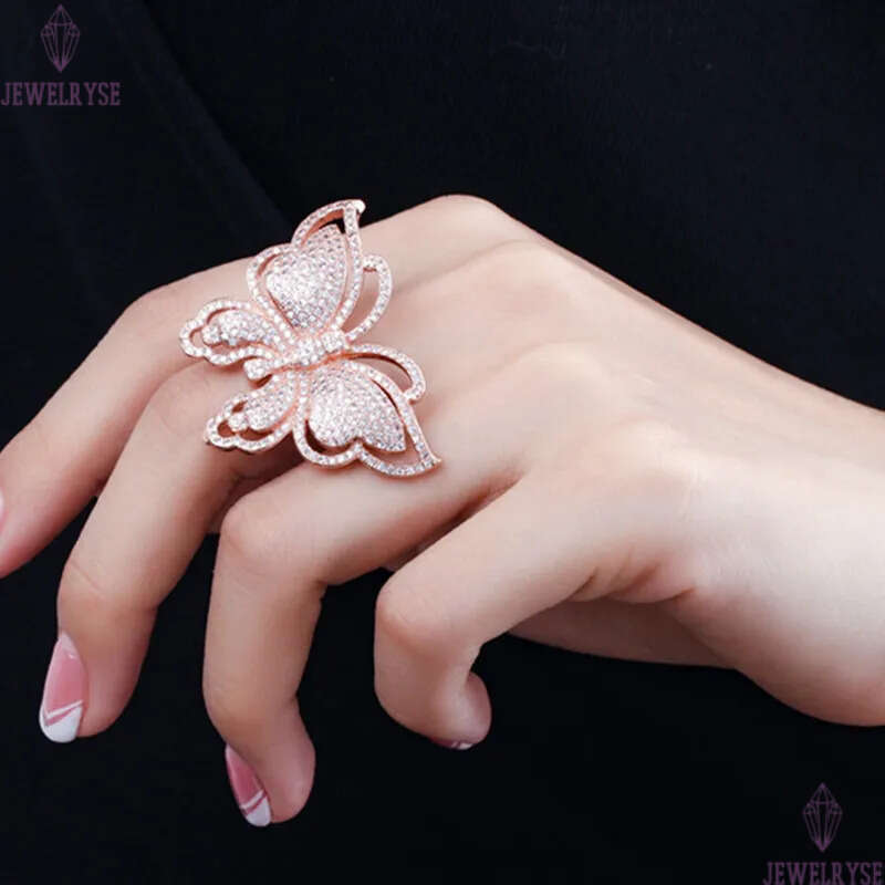 Luxury Exquisie Buerfly Rings AAA Cubic Zirconia Copper Designer Jewelry For Women Pary Middle Easern Rose Gold Silver Whie CZ Wedding Engagemen Ring