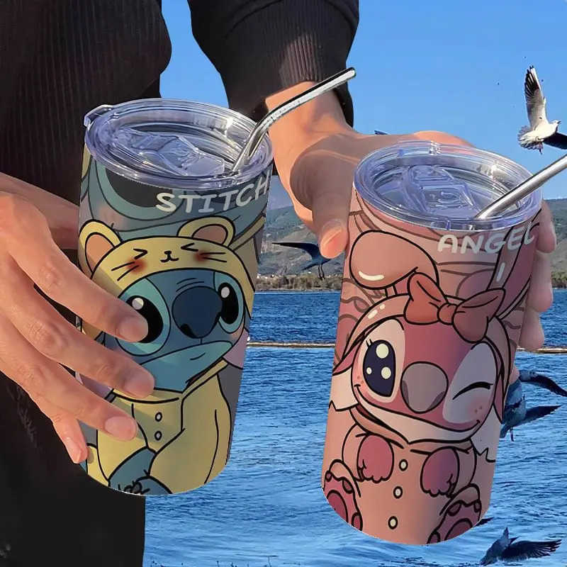 Disney 420Ml Kawaii Cartoon New Style Stitch Thermos Cup with Straw 304 Stainless Steel Portable Coffee Cup Student Water Cup H251203