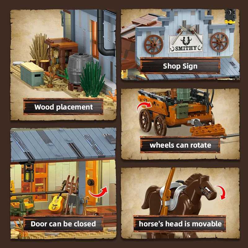 Western Blacksmith Shop Building Blocks Kit MOC Medieval Street Scene Grocery store with Carriage Model Bricks Diy Toy Kids Gift C251203