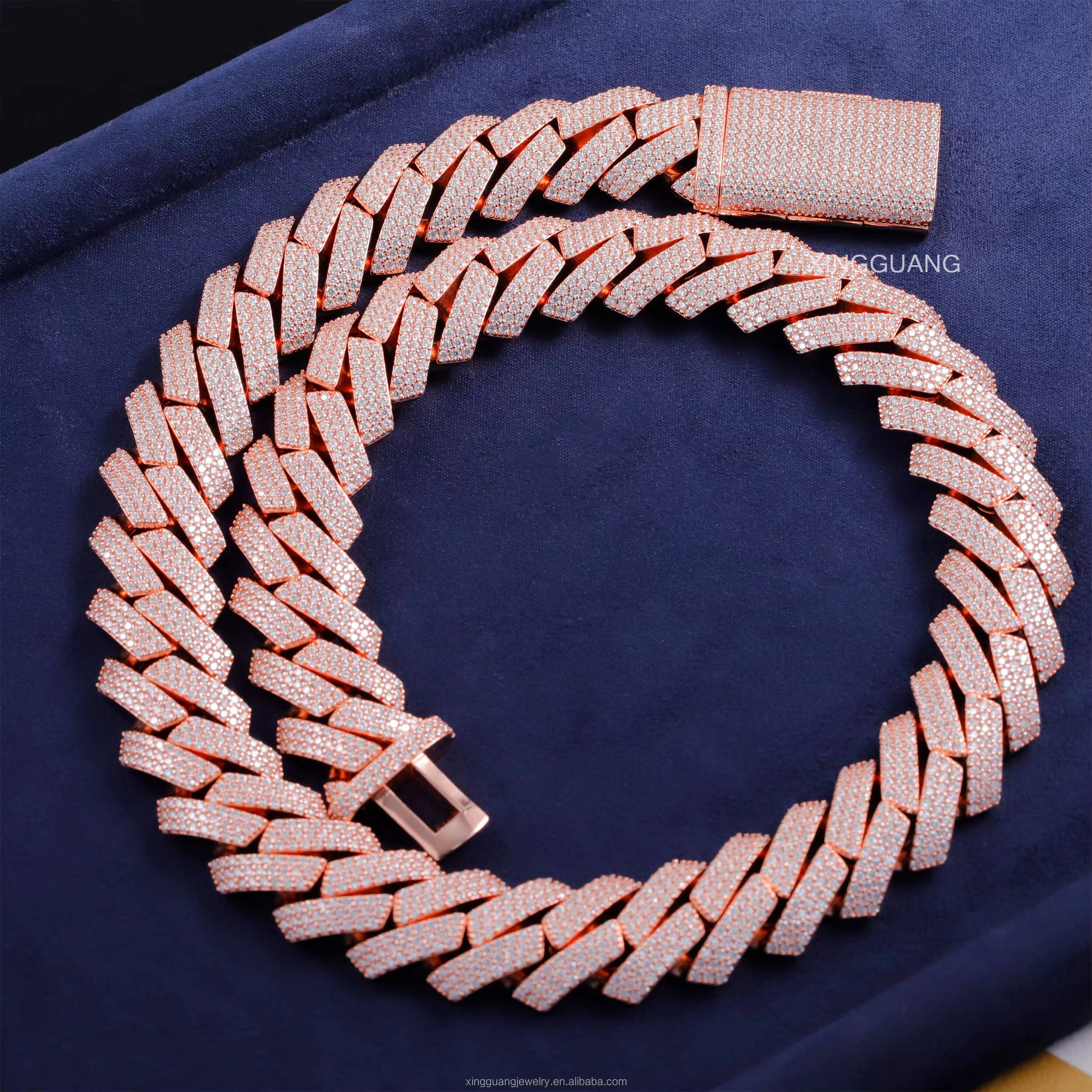 Factory Price 20mm Rose Gold Plated 3rows Cuban Chain S925 Silver With VVS Round Moissanite Hip Hop Necklace Cuban Link Chain