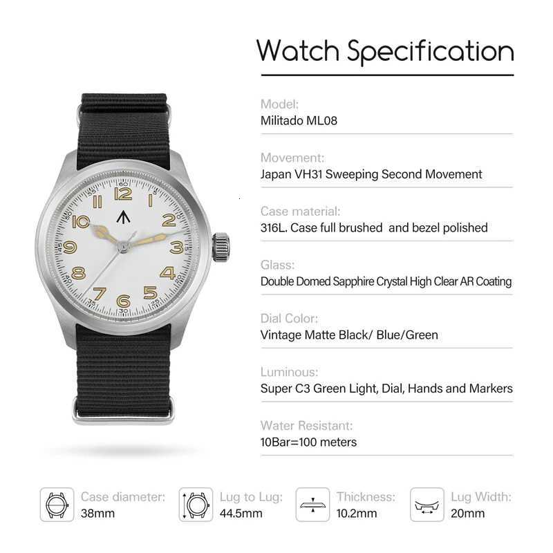 Militado ML08 38mm Quartz Watch Military VH31 Movement Double Sapphire Crystal Luminous 100m Waterproof Vintage Watches K251203