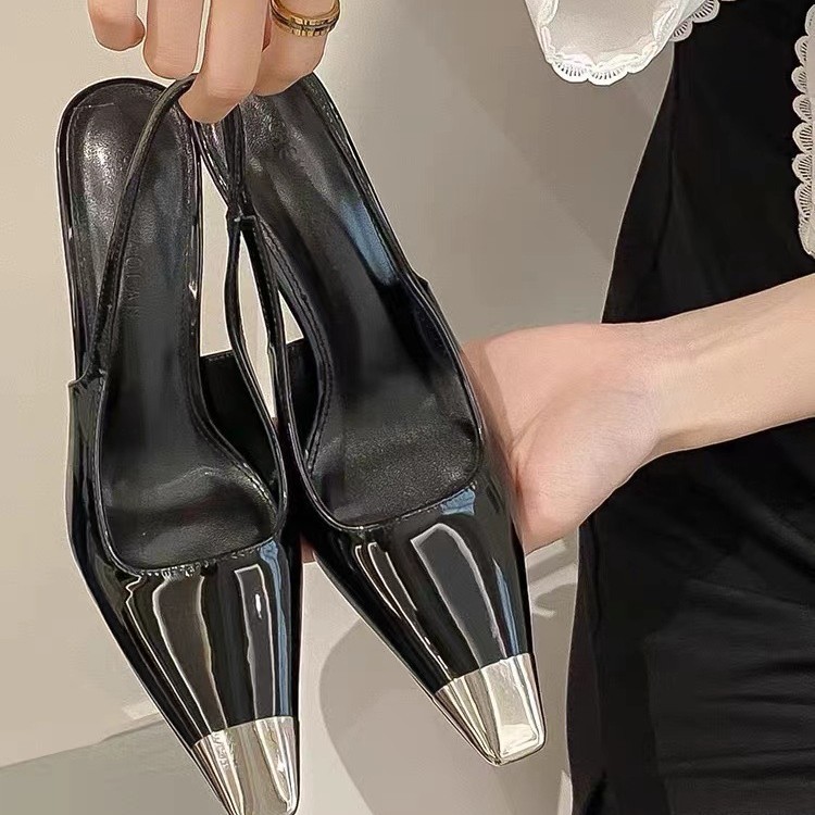 2025 new Women's pointed-toe high heels black patent leather sandals women's single shoes stiletto heels